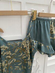 5pcs Floral Print Satin Ruffle Trim PJ Set - Dusty Blue - View 5