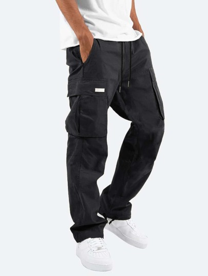 Men Patched Detail Flap Pocket Drawstring Waist Cargo Pants