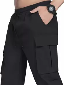 Manfinity Hypemode Men Patched Detail Flap Pocket Drawstring Waist Cargo Trousers - Black - View 3