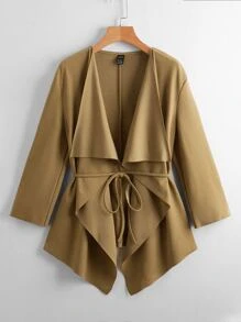EMERY ROSE Draped Collar Self Belted Open Front Coat - Khaki - View 1