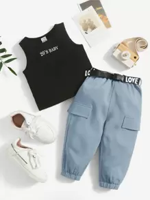 SHEIN 寶貝女孩字母圖形背心上衣＆束腰褲 - 彩色 - 查看 1