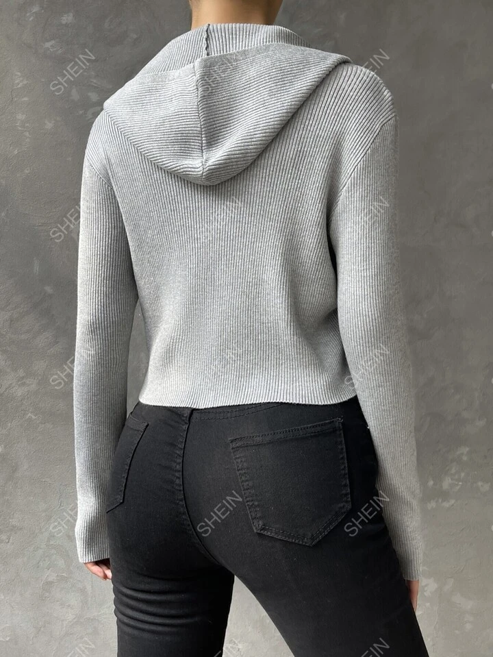 SHEIN EZwear Rib-knit Two-Way Zipper Drop Shoulder Hooded Cardigan 