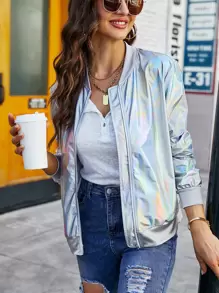 SHEIN Essnce Holographic Zip Up Bomber Jacket In Fall/Winter - Silver - View 1