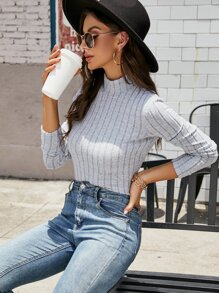 SHEIN Clasi Áo thun nữ Gân đan màu trơn Giải trí - Màu Xám nhạt - Xem 1