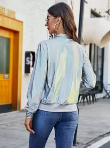 SHEIN Essnce Holographic Zip Up Bomber Jacket In Fall/Winter - Silver - View 2