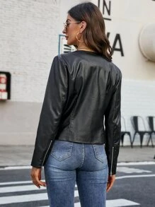 SHEIN Clasi Zip Cuff PU Leather Jacket - Black - View 2