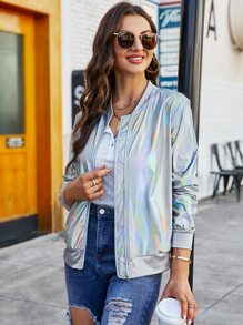 SHEIN Essnce Holographic Zip Up Bomber Jacket In Fall/Winter - Silver - View 5