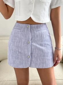 SHEIN Unity Button Front High Waist Skirt - Lilac Purple - View 3