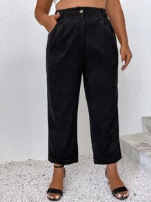 Plus High Waist Corduroy Wide Leg Trousers - Black - View 1