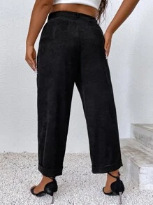 Plus High Waist Corduroy Wide Leg Trousers - Black - View 2