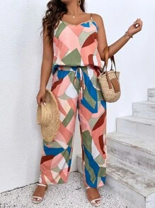 Breezaya Plus Geo Print Cami Top & Knot Front Wide Leg Trousers - Baby Pink - View 1