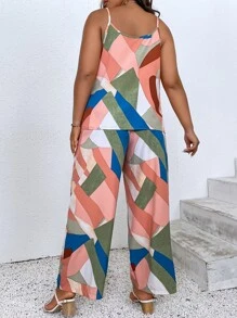 Breezaya Plus Geo Print Cami Top & Knot Front Wide Leg Trousers - Baby Pink - View 2