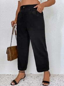 Plus High Waist Corduroy Wide Leg Trousers - Black - View 4