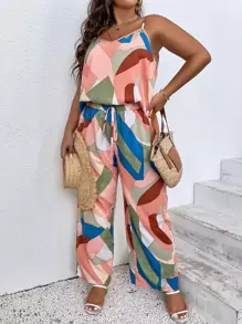 Breezaya Plus Geo Print Cami Top & Knot Front Wide Leg Trousers - Baby Pink - View 3