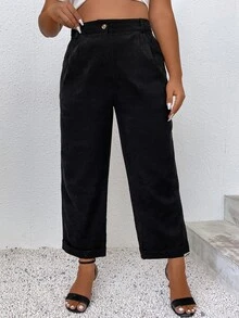 Plus High Waist Corduroy Wide Leg Trousers - Black - View 5