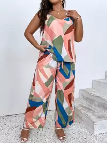 Breezaya Plus Geo Print Cami Top & Knot Front Wide Leg Trousers - Baby Pink - View 4