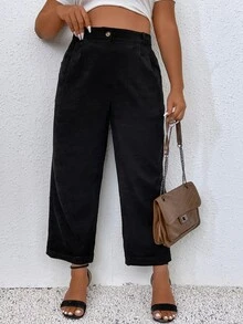 Plus High Waist Corduroy Wide Leg Trousers - Black - View 6