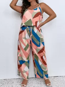 Breezaya Plus Geo Print Cami Top & Knot Front Wide Leg Trousers - Baby Pink - View 5