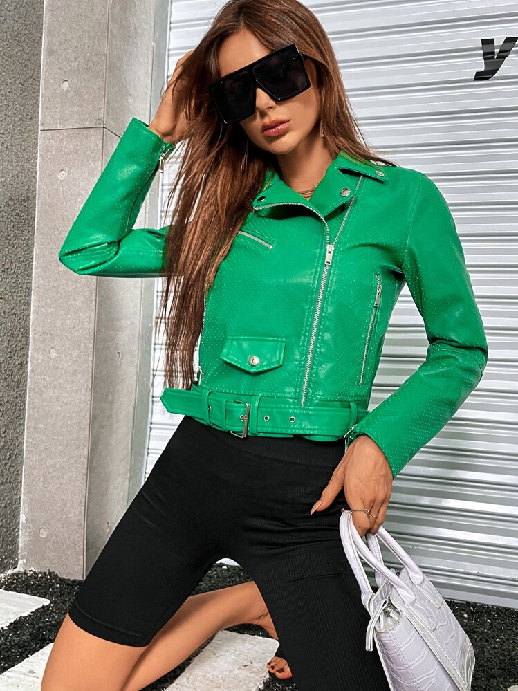 Zipper Front Grommet Buckle Moto Jacket | SHEIN USA