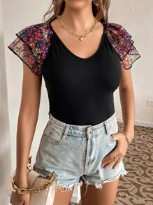 SHEIN Privé Áo thun nữ Tương phản Mesh Hoa Giải trí - màu đen - Xem 3