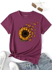 SHEIN LUNE Áo thun nữ Hoa Loại bướm Giải trí - Màu tím - Xem 1