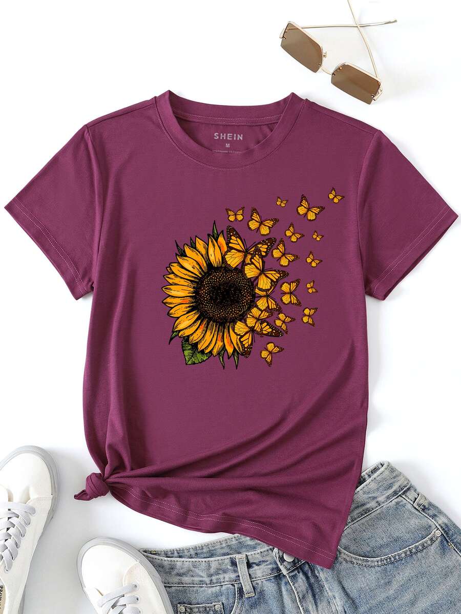 SHEIN LUNE Áo thun nữ Hoa Loại bướm Giải trí - Màu tím - Xem 1