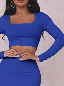 SHEIN SXY 素色短版T恤和開衩大腿半身裙套裝 - 寶藍色 - 查看 4