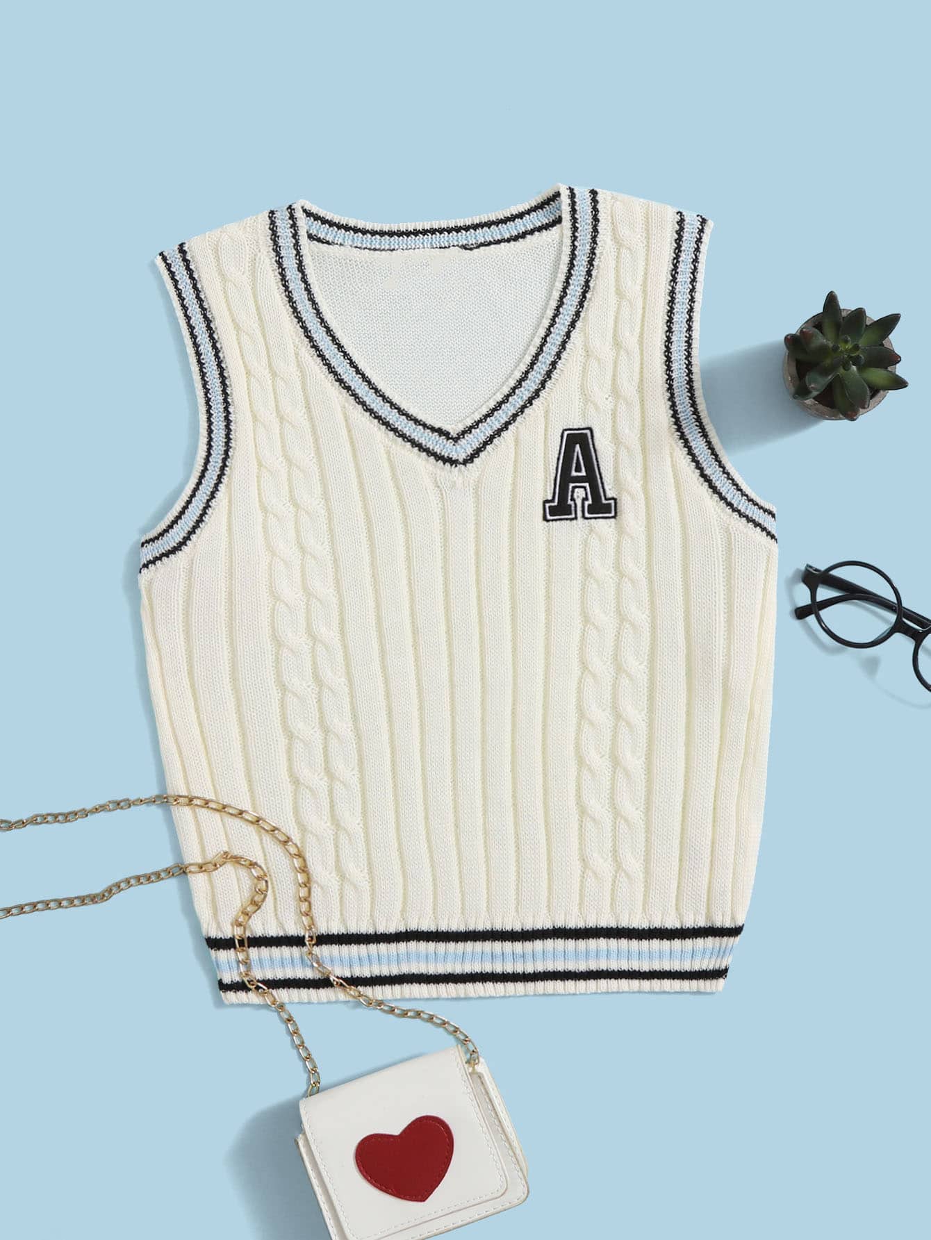SHEIN Teen Girls Letter Embroidery Cable Knit Sweater Vest - Beige - View 1