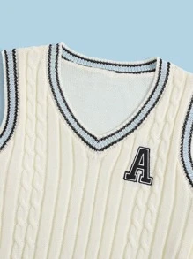 SHEIN Teen Girls Letter Embroidery Cable Knit Sweater Vest - Beige - View 3