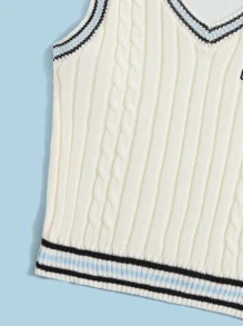 SHEIN Teen Girls Letter Embroidery Cable Knit Sweater Vest - Beige - View 4