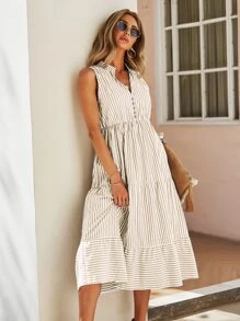 Breezaya 條紋圖案西裝領A字型連衣裙