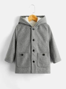 SHEIN 小男童補丁貼口袋毛絨內襯連帽花呢外套