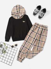 SHEIN 男孩馬印花連帽衫和格紋長褲 - 彩色 - 查看 1