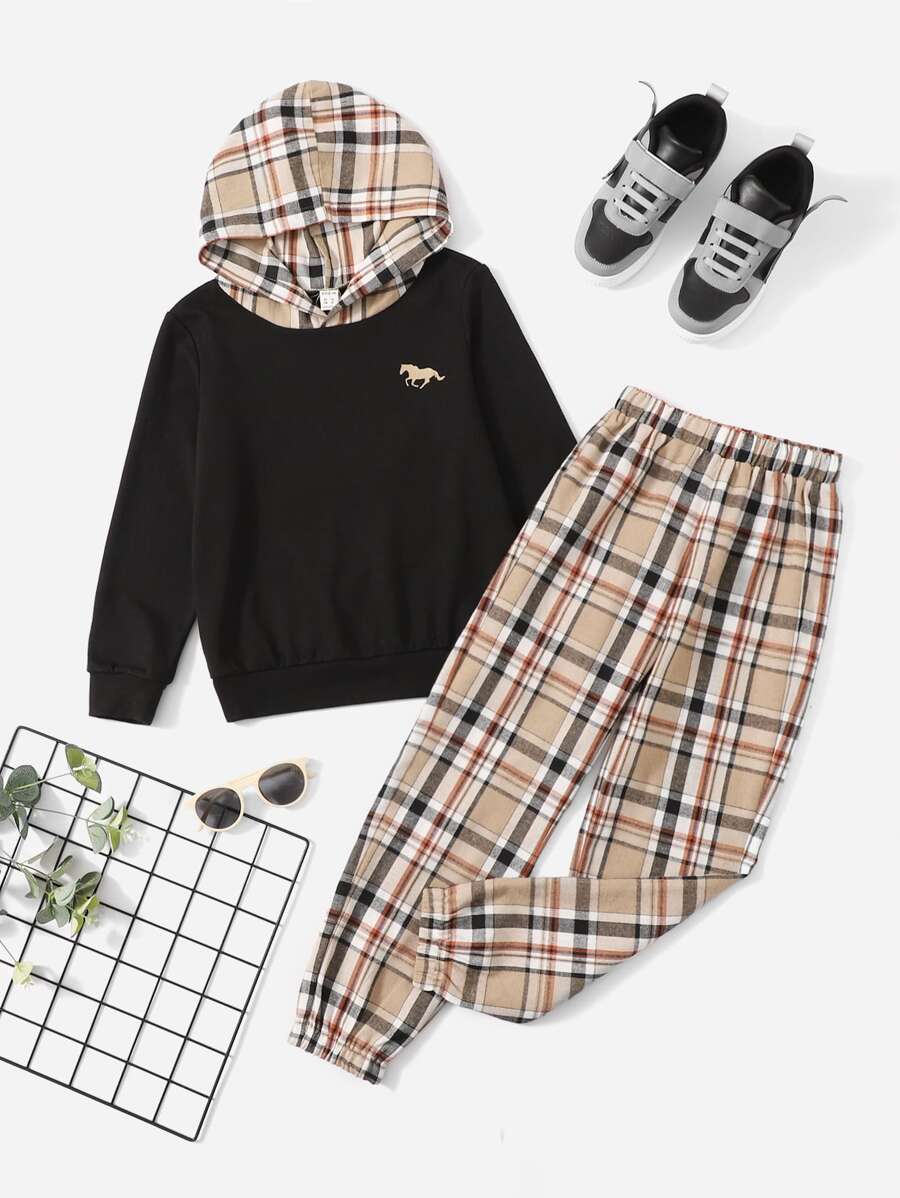 SHEIN 男孩馬印花連帽衫和格紋長褲 - 彩色 - 查看 1