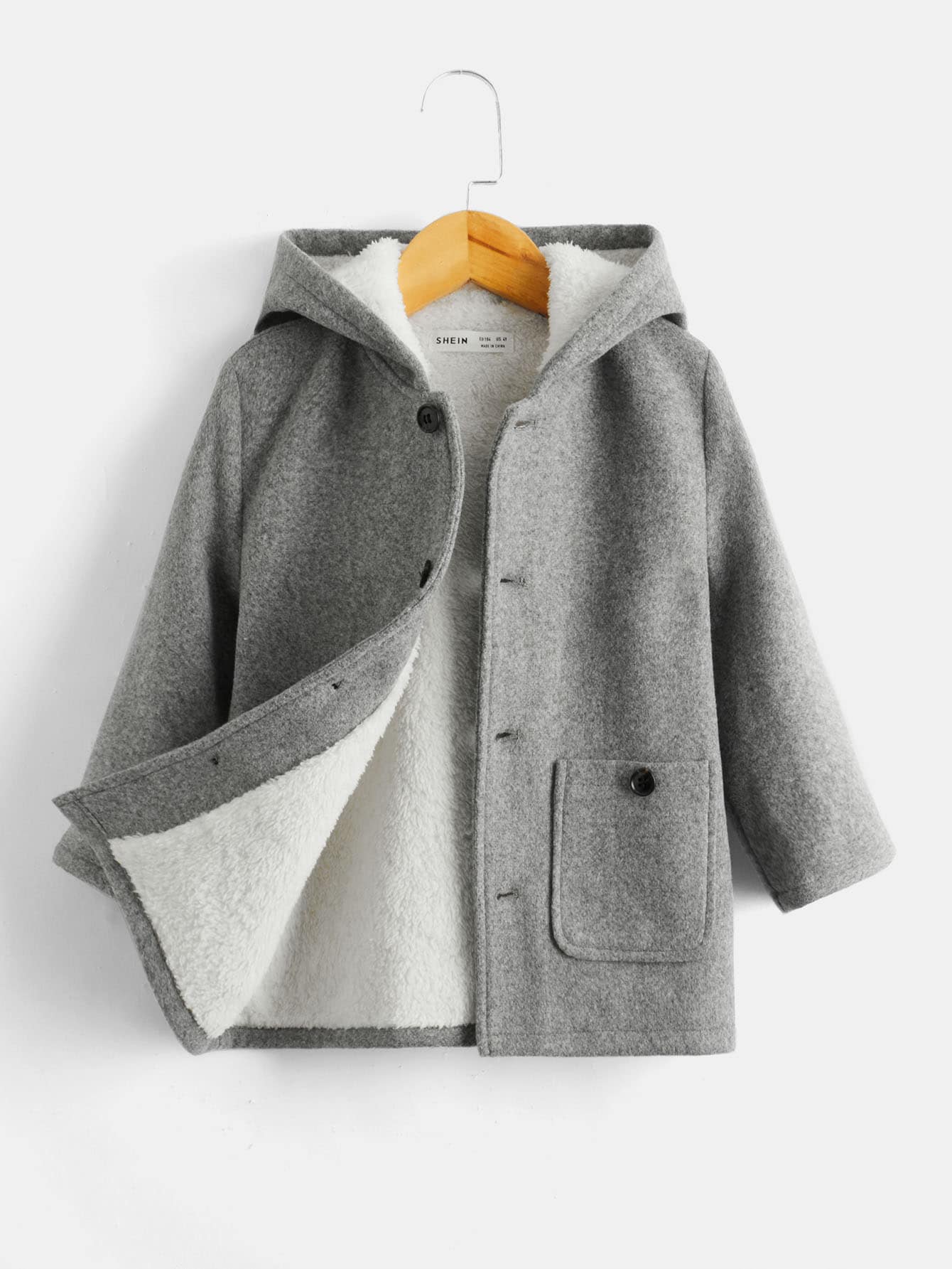 SHEIN 小男童補丁貼口袋毛絨內襯連帽花呢外套
