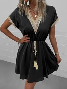 SHEIN LUNE Women Dresses Kontras Lace Pinggir Simpul Plain Casual - Hitam - View 1