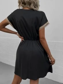 SHEIN LUNE Women Dresses Kontras Lace Pinggir Simpul Plain Casual - Hitam - View 2