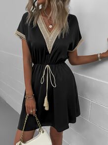 SHEIN LUNE Women Dresses Kontras Lace Pinggir Simpul Plain Casual - Hitam - View 3