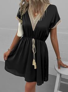 SHEIN LUNE Women Dresses Kontras Lace Pinggir Simpul Plain Casual - Hitam - View 4