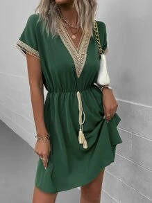 SHEIN LUNE Guipure Lace Fringe Detail Batwing Sleeve Dress - Green - View 1