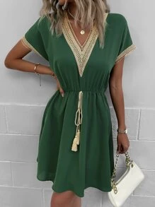 SHEIN LUNE Guipure Lace Fringe Detail Batwing Sleeve Dress - Green - View 6