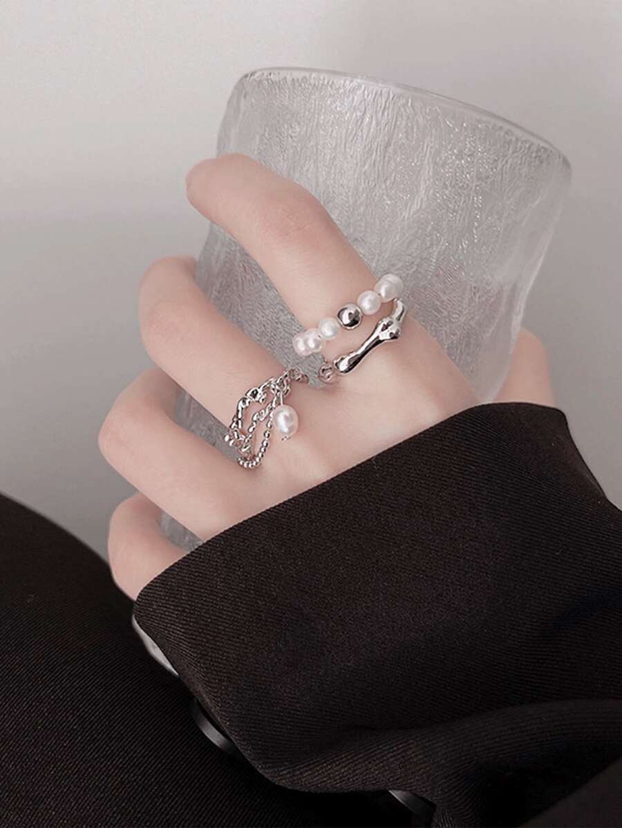 2 件复古夸张几何线条和链条设计戒指，适合女性日常佩戴，也适合送给朋友和家人的礼物 - 銀色 - 查看 1