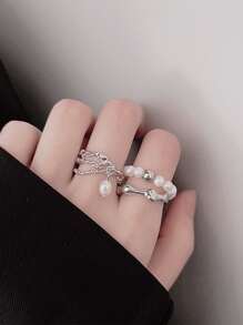 2 件复古夸张几何线条和链条设计戒指，适合女性日常佩戴，也适合送给朋友和家人的礼物 - 銀色 - 查看 2