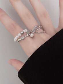 2 件复古夸张几何线条和链条设计戒指，适合女性日常佩戴，也适合送给朋友和家人的礼物 - 銀色 - 查看 4