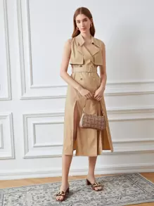 PREMIUM Gabardina lino con abertura M sin manga con cinturón - Caqui - Ver 4