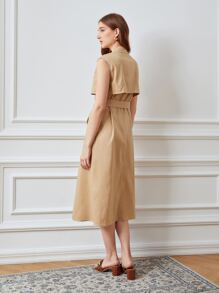 PREMIUM Gabardina lino con abertura M sin manga con cinturón - Caqui - Ver 3