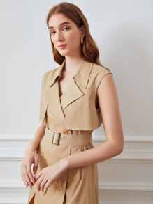 PREMIUM Gabardina lino con abertura M sin manga con cinturón - Caqui - Ver 5