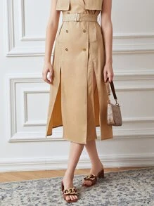 PREMIUM Gabardina lino con abertura M sin manga con cinturón - Caqui - Ver 6