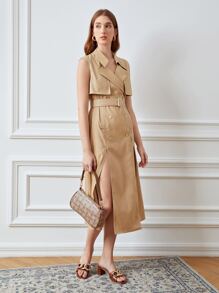 PREMIUM Gabardina lino con abertura M sin manga con cinturón - Caqui - Ver 7