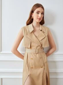 PREMIUM Gabardina lino con abertura M sin manga con cinturón - Caqui - Ver 8